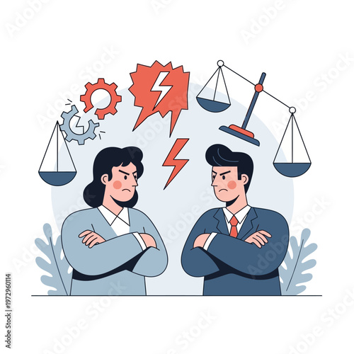 Couple Arguing, Legal Dispute, Unbalanced Scales of Justice, Conflict Illustration