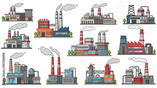 Assortment of different industrial factory buildings with tall smoking chimneys representing various manufacturing plants.