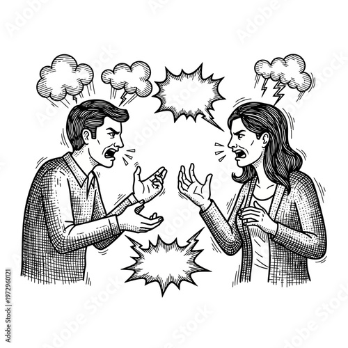 Couple arguing, anger, conflict, relationship problems, dispute, shouting, hand gestures, black and white sketch