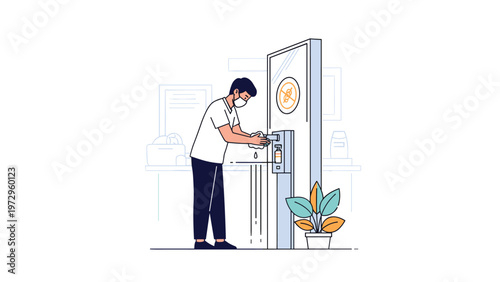 Man wearing a protective surgical mask using a public hand sanitizer dispenser station to maintain proper personal hygiene.