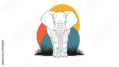 Artistic line drawing of a majestic elephant standing in front of three overlapping colored circles in a retro graphic style.