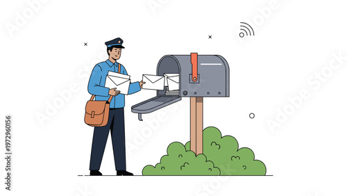 Friendly mail carrier in a blue uniform placing letters into a curbside metal mailbox surrounded by green bushes on a clear background.