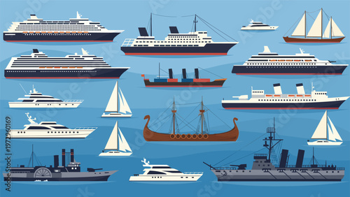 Diverse collection of marine vessels including cruise ships, yachts, sailboats, a viking longship, and military ships on blue water.