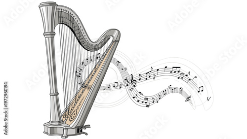 Elegant classical harp instrument with musical notes flowing out in a graceful swirl against a white background for arts and music theme.