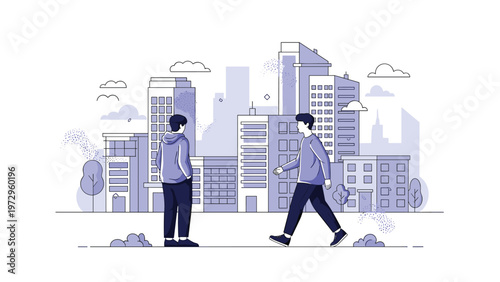 Two men walking in a modern city environment with stylized purple buildings, clouds, and urban trees under a clear sky background.