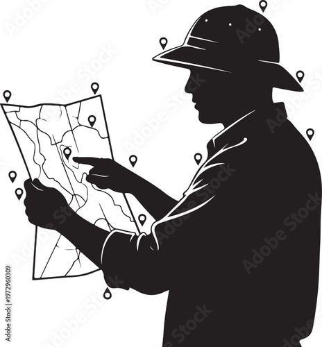 Black silhouette man in hard hat studying map with location markers
