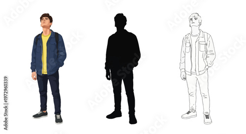 Vector set of three illustrations of a young man with a backpack looking up, with a flat color design, a solid black silhouette, and line art contour isolated on white background.