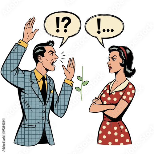 Couple Arguing, Man Shouting at Woman, Comic Book Style Illustration