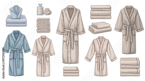 Assortment of luxury bathrobes and folded towel sets in soft neutral colors for spa, hotel, or home wellness and relaxation themes.