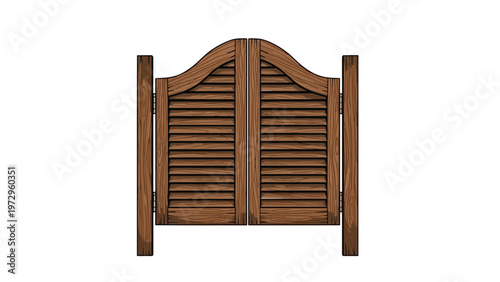 Classic wooden swinging saloon doors commonly found in old west taverns and pubs isolated on a clean white background for design use.