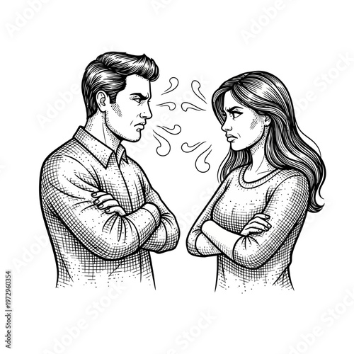 Couple Arguing, Man and Woman Facing Off with Angry Expressions, Conflict Illustration