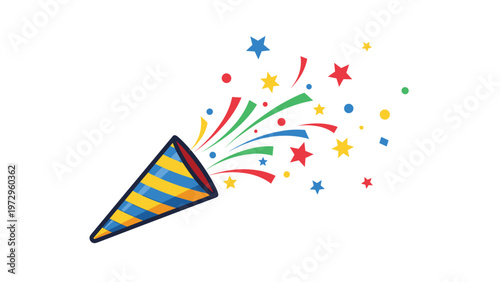Colorful party popper illustration releasing a burst of confetti, stars, and streamers for celebrations, birthdays, and festive events.