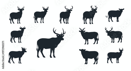 Set of eleven black silhouette illustrations of wild and domestic ungulates including deer, stags, bucks, antelopes, and cattle, shown in side profile on a plain white background.
