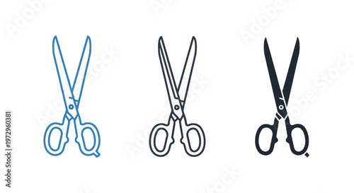Set of three vector scissor icons presented in different graphic styles: blue outline, black outline, and solid black silhouette, isolated on a white background for design.