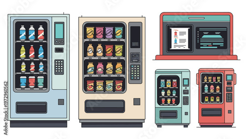 Set of various modern vending machines for snacks and drinks along with a large interactive touchscreen kiosk for public information.