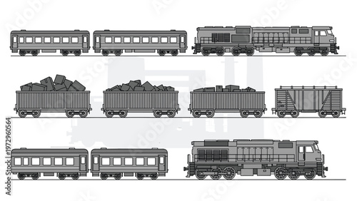 Selection of different railway train cars including passenger wagons, cargo containers, and modern locomotives on a white background.