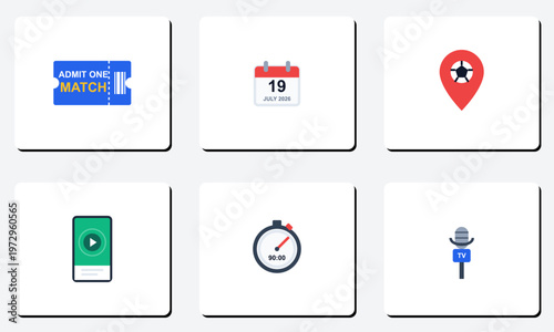 Hand-drawn digital UI elements for soccer match day featuring ticket calendar location mobile timer microphone and authentic illustration