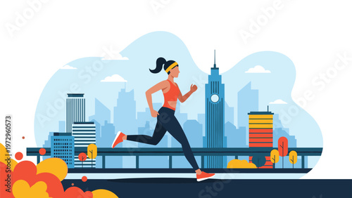 Active woman jogging through a city park with a skyline of modern skyscrapers and stylized urban landscape in the background.