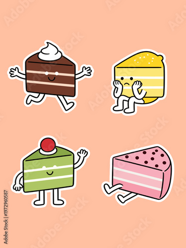 Characterized Cake Slices with Happy and Sad Facial Expressions and Limbs, Fun Dessert Mascot Characters in Different Flavors Vector Illustration