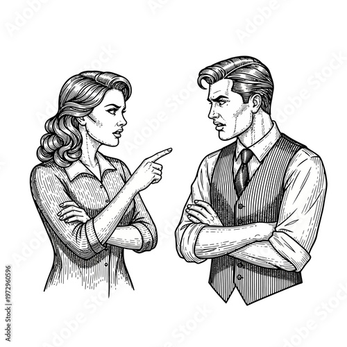 Couple arguing, woman pointing finger at man, conflict, disagreement, vintage illustration style