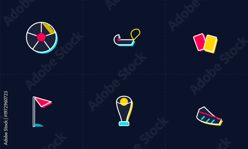 Hand-drawn set of minimalist colorful icons representing essential professional football equipment such as ball whistle cards authentic illustration