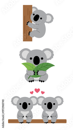 Cute Koala Character Set Climbing Tree and Eating Eucalyptus Leaves, Flat Vector Illustration of Australian Marsupial Animal for Kids Design