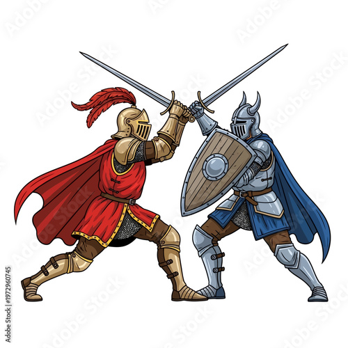 Knights in Armor Fighting with Swords and Shields, Medieval Combat Illustration