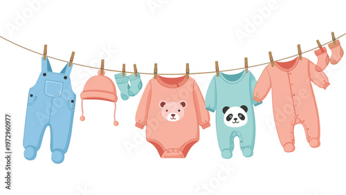 Cute baby clothing and accessories hanging on a clothesline including overalls hats and socks for a newborn nursery or baby shower concept.