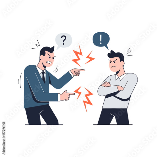 Two men arguing, pointing fingers, disagreement, conflict, business dispute, stress, anger, communication breakdown