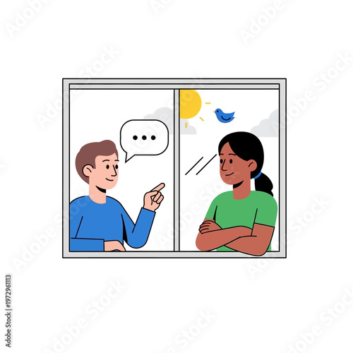 Two people talking through a window, communication, sunny day outside
