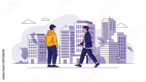 Two young men meeting and walking on a city street against a backdrop of stylized purple urban buildings in a modern flat vector illustration.