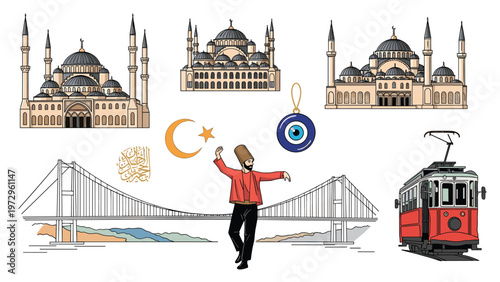 Turkish cultural elements and travel landmarks featuring the blue mosque a dervish dancer an evil eye charm and the iconic red tram of istanbul.