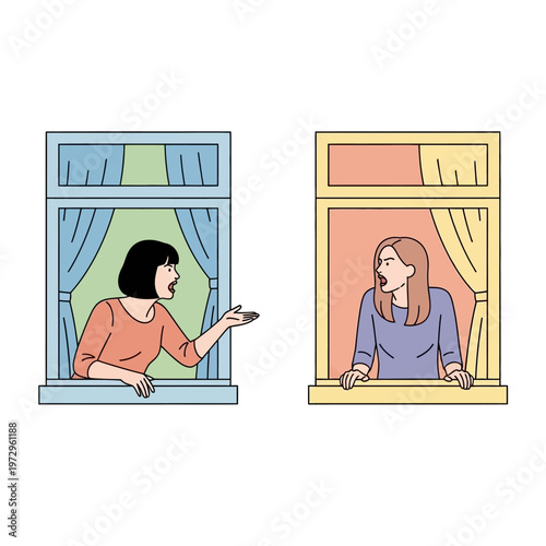Two women arguing from apartment windows, neighbor dispute, communication breakdown