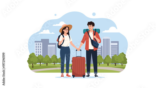 Young couple traveling together with suitcases and backpacks while standing in a city park with buildings and trees in the background.