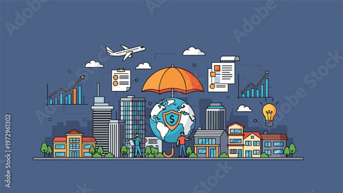 Business insurance and global protection concept illustration featuring an umbrella covering the world globe above a city landscape.