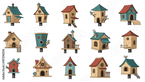 Creative collection of colorful birdhouses in various shapes and architectural designs for garden decoration and nature conservation.