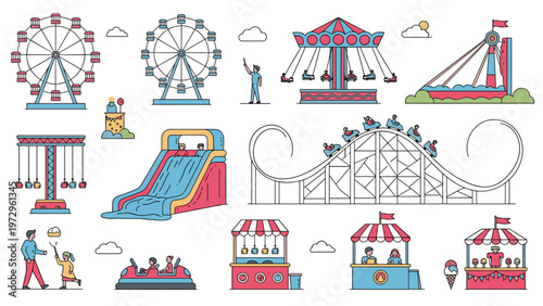 Fun amusement park and carnival attraction set featuring a ferris wheel roller coaster bumper cars and various food stalls for families.