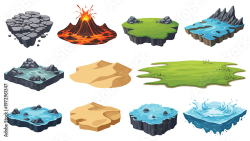 Set of various floating game islands representing different biomes such as volcano desert grass and water for fantasy world building.