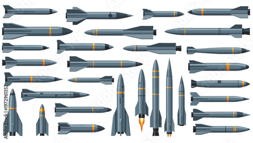 Large collection of military missiles and tactical rockets of various sizes and designs illustrated in a technical vector style for defense.
