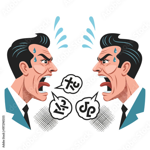 Angry businessmen arguing, shouting in speech bubbles, conflict concept illustration