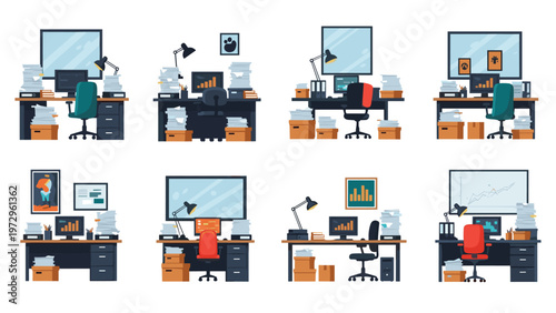 Collection of various office workspace setups showing both organized and cluttered desks with computers documents and stationery.