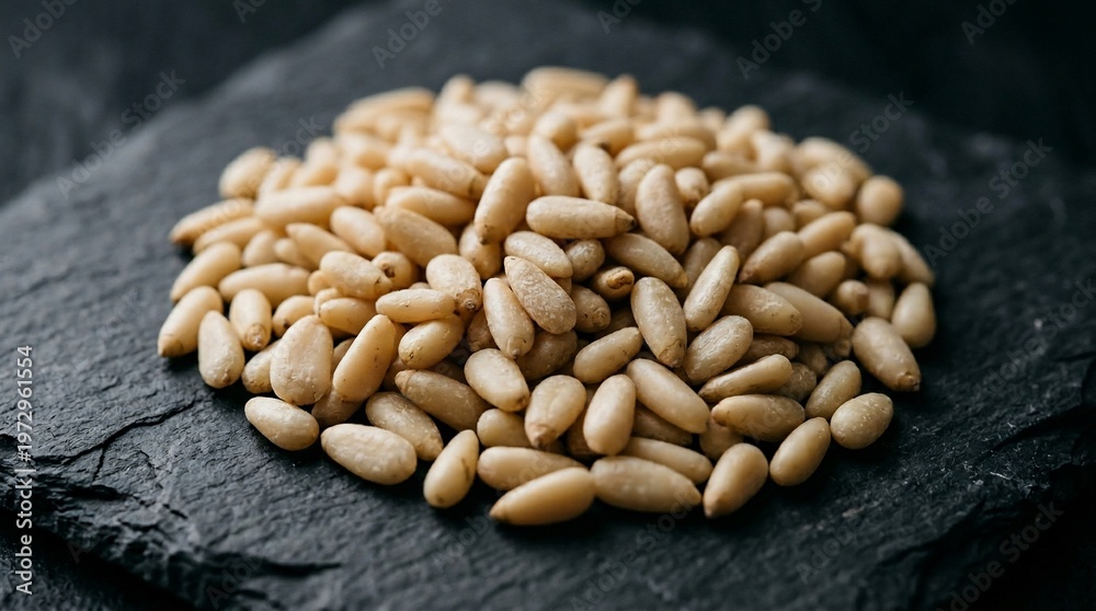 Fototapeta premium Pile of raw pine nuts on a dark slate background, close-up shot.