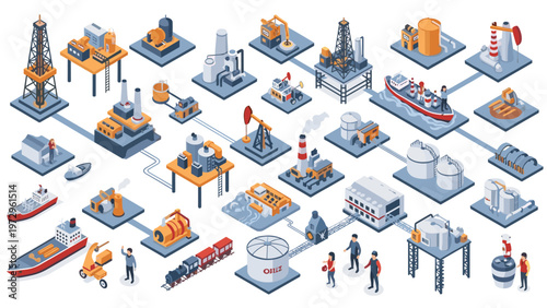 Complex isometric industrial oil and gas refinery facility featuring ships storage tanks pipelines and workers in a detailed factory layout.