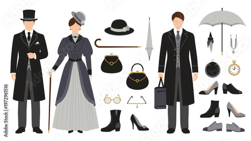 Exquisite collection of Victorian and Edwardian fashion clothing and accessories for men and women representing historic elegance.