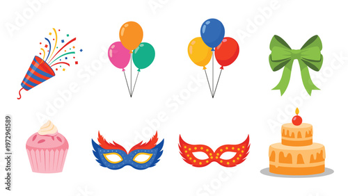 Festive celebration collection features colorful balloons, party poppers, birthday cakes, and masquerade masks for holidays.