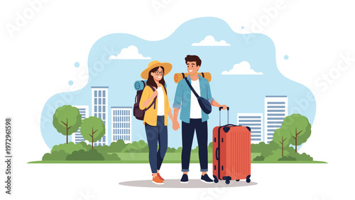 Traveler couple with backpacks and luggage walks through a city park with high-rise buildings and green trees in the background.