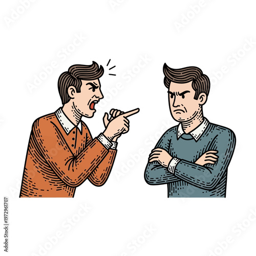 Angry man shouting and pointing at frustrated man with arms crossed