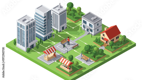 Isometric town neighborhood map displays residential houses, public parks, market stalls, and modern office buildings.