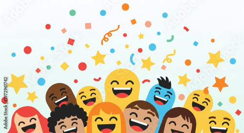 Diverse group of happy people with laughing emojis celebrating with colorful confetti and stars on a light blue background