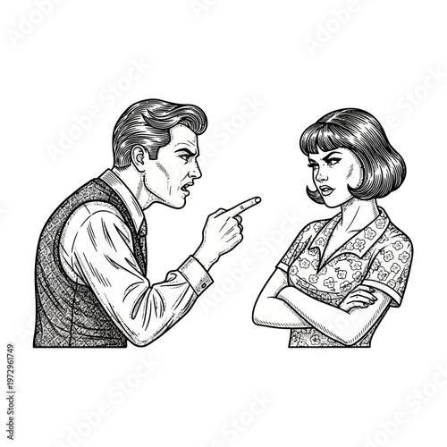 Angry man pointing finger at woman with arms crossed, vintage illustration